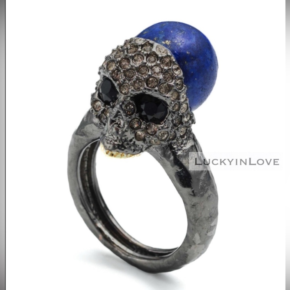 ALEXIS BITTAR • Vanitas Crystal Encrusted Skull Blue Stone Ring Size 7